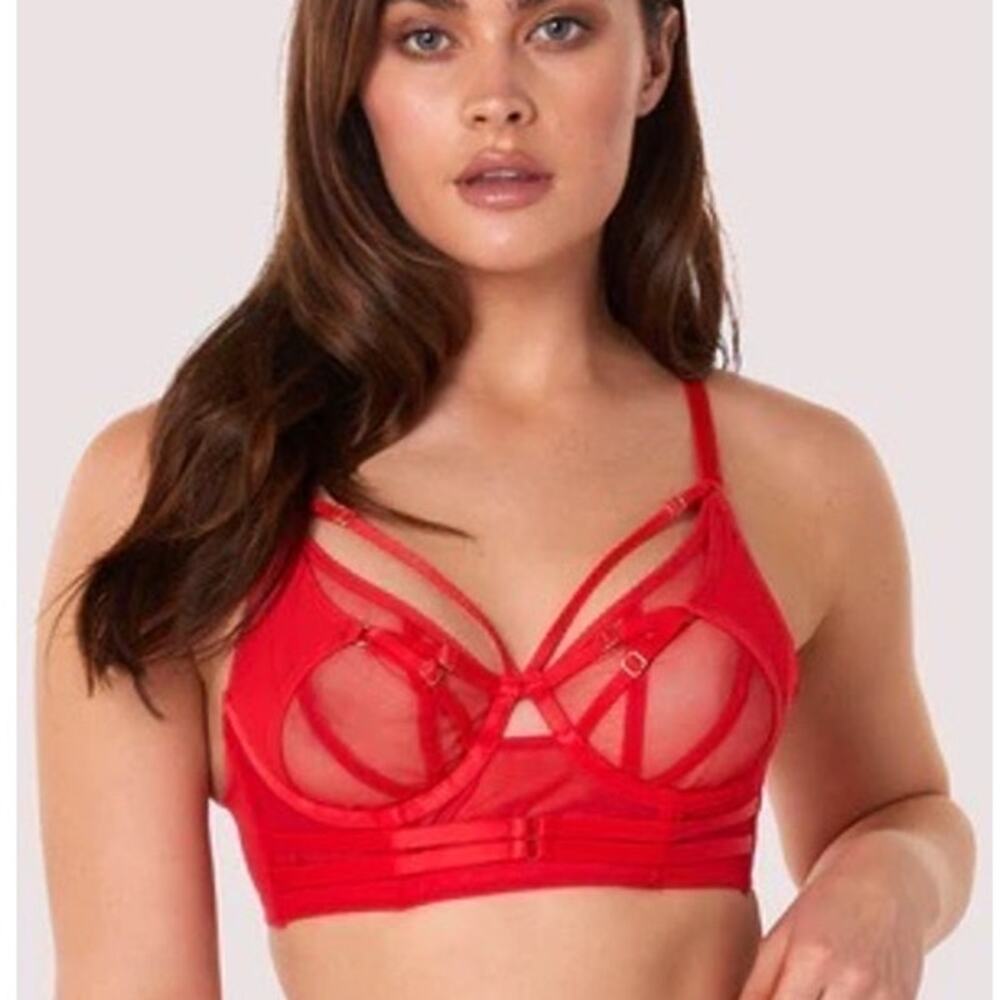 PLAYFUL PROMISES 42B Eddie Red Crossover Wrap Bra Sheer Red Fishnet Panel Harnes